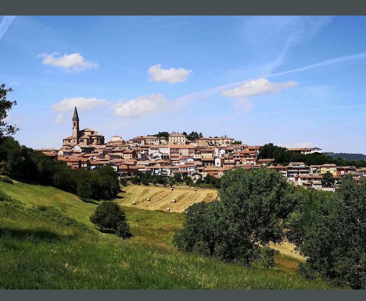 Veduta panoramica del borgo di Tonco tra prati e colline